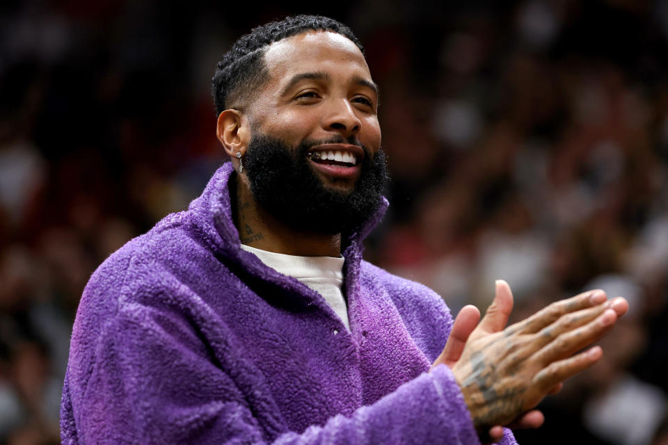 MIAMI, FLORIDA - DECEMBER 28: Odell Beckham Jr. looks on during a game between the Los Angeles Lakers and Miami Heat at FTX Arena on December 28, 2022 in Miami, Florida. NOTE TO USER: User expressly acknowledges and agrees that, by downloading and or using this photograph, User is consenting to the terms and conditions of the Getty Images License Agreement. (Photo by Megan Briggs/Getty Images)