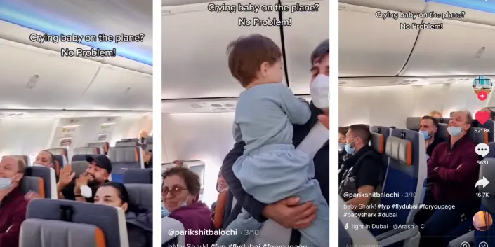 Three screenshots from Parikshit's TikTok showing the passengers clapping and the baby in the man's arms.