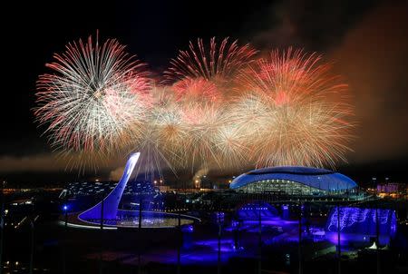 Fireworks explode over the Olympic Park during the closing ceremony for the 2014 Sochi Winter Olympics, February 23, 2014. REUTERS/Shamil Zhumatov