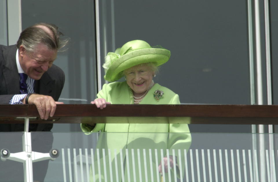 EPSOM, UNITED KINGDOM - JUNE 10:  The Royal Family At The Epsom Derby Races.  The Queen Mother Watching From The Balcony And Laughing With Sir Michael Oswald, Her Racing Manager  (Photo by Tim Graham Photo Library via Getty Images)