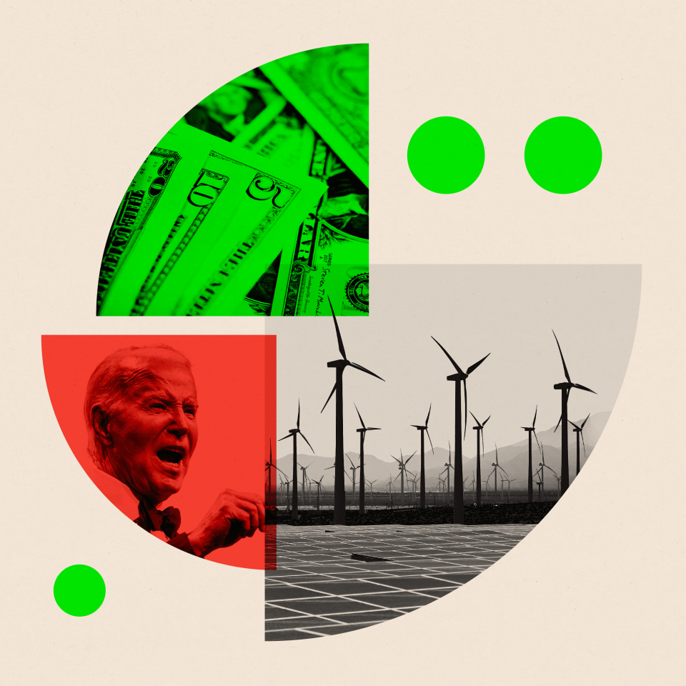 Montage showing US President Joe Biden alongside images of dollar bills and a wind farm