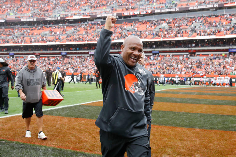 Hue Jackson, here with the Browns, is now with the Bengals. (Getty)