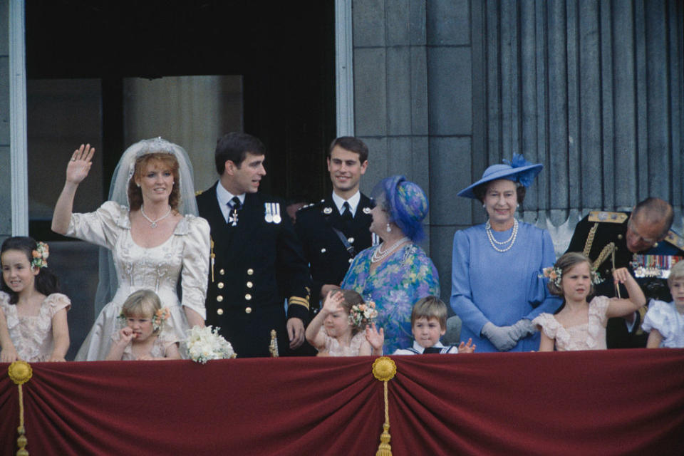 Sarah Ferguson with the Queen and other members of the royal family during her wedding to Prince Andrew on July 1986. (Getty Images)