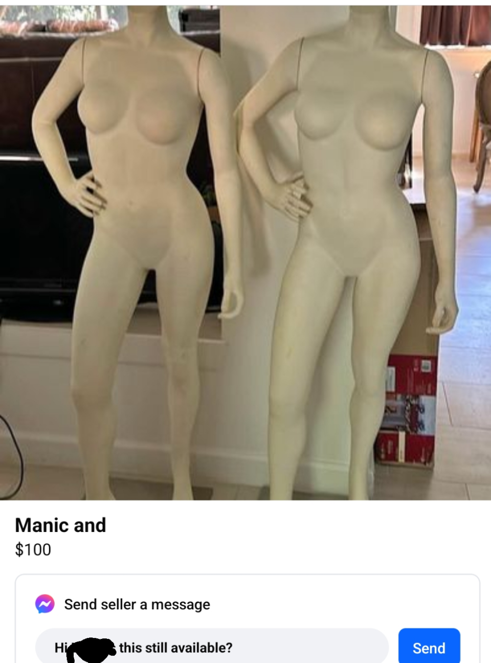 Two nude female mannequins, one slightly farther back than the other, listed for sale at $100. Text box with a message asking if they're still available