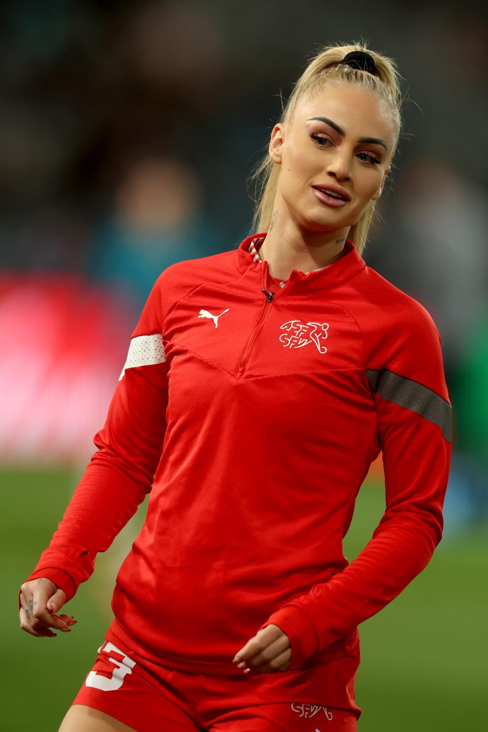 DUNEDIN, NEW ZEALAND - JULY 30: Alisha Lehmann of Switzerland warms up during the FIFA Women's World Cup Australia & New Zealand 2023 Group A match between Switzerland and New Zealand at Dunedin Stadium on July 30, 2023 in Dunedin, New Zealand. (Photo by Lars Baron/Getty Images)