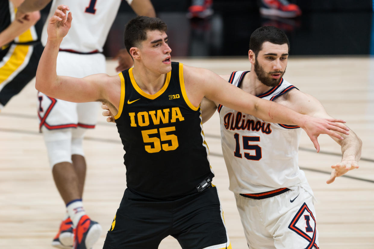 The Iowa Hawkeyes and center Luka Garza (55) would likely have to go through Gonzaga to reach the Final Four. (Photo by Zach Bolinger/Icon Sportswire via Getty Images)