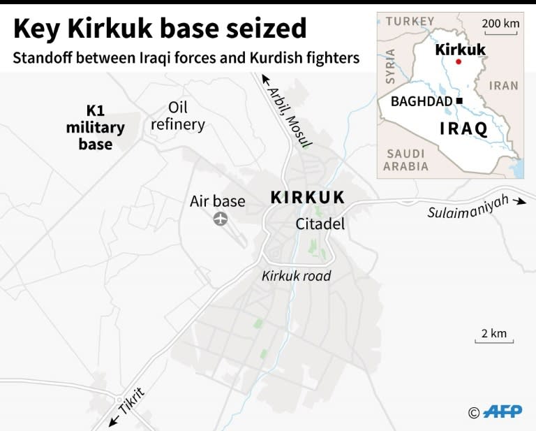 Map of Kirkuk locating the city centre and its principal military airbase, which Iraqi forces say they have seized from Kurds