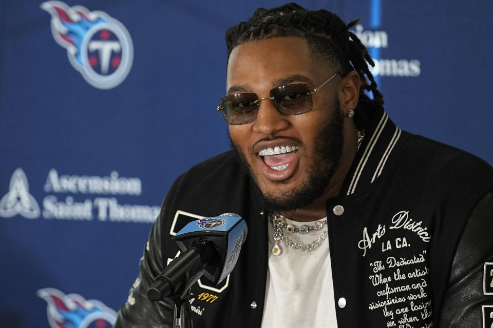 Tennessee Titans first round draft pick JC Latham speaks at an NFL football news conference Friday, April 26, 2024, in Nashville, Tenn. (AP Photo/George Walker IV)