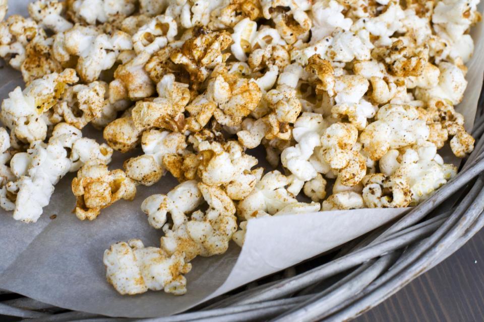 In this image taken on Jan. 28, 2013, Stovetop Popcorn Many Ways with sweet and spicy barbecue rub is shown in Concord, N.H. (AP Photo/Matthew Mead)