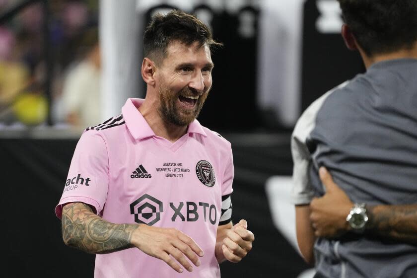 Inter Miami forward Lionel Messi celebrates the team's Leagues Cup championship soccer match win against Nashville SC, Saturday, Aug. 19, 2023, in Nashville, Tenn. Miami won 10-9 on penalty kicks after playing to a 1-1 draw in regulation. (AP Photo/George Walker IV)