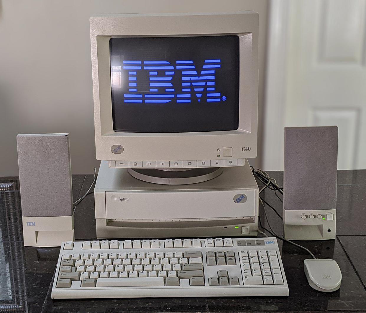 IBM Aptiva 2144-M51 desktop computer with IBM G40 VGA monitor and IBM M2 buckling spring keyboard, circa 1995.