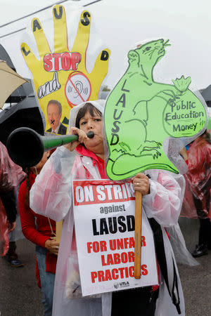 Los Angels public school teachers continue to deal with the rainy weather as their strike enters its third day in Gardena, California, U.S., January 16, 2019. REUTERS/Mike Blake