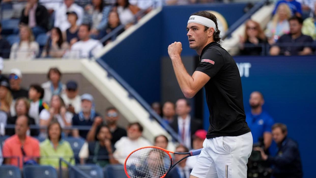 PHOTO: Taylor Fritz, of the United States, reacts after scoring a point against Jannik Sinner, of Italy, during the men's singles final of the U.S. Open tennis championships in New York, Sept. 8, 2024. (Seth Wenig/AP)