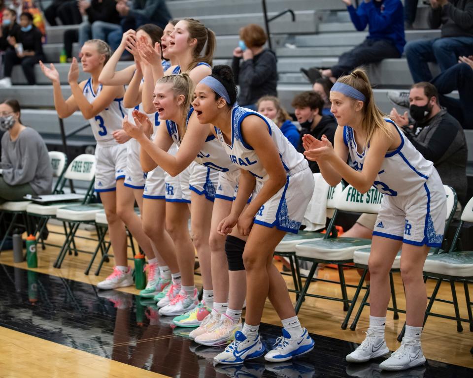 The Washburn Rural bench cheers Saturday Jan. 29, 2022, at Lawrence Free State High School in Lawrence, Kan.