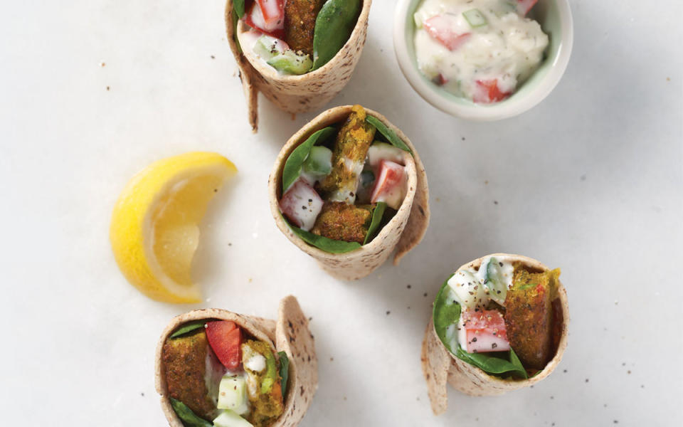 <p>Mark Boughton Photography / Styling by Teresa Blackburn</p><p>Make your own tzatziki or look for a yogurt-based ranch dressing at the grocery store, then add fresh fillings like crumbled feta cheese, baby spinach and diced tomato for a delicious make-ahead lunch or quick dinner.</p><p><strong>Get the recipe: <a href="/998707/jocelynruggiero/veggie-burger-wraps-with-tzatziki/" data-ylk="slk:Veggie Burger Wraps with Tzatziki;elm:context_link;itc:0;sec:content-canvas" class="link ">Veggie Burger Wraps with Tzatziki</a></strong></p>