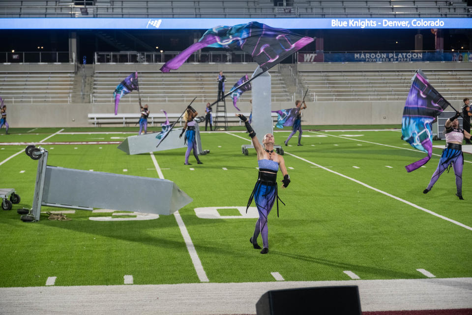 The Blue Knights from Denver perform Monday at West Texas Drums at Bain-Schaeffer Buffalo Stadium in Canyon.