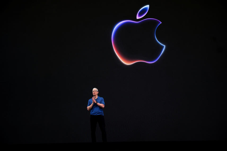 Apple CEO Tim Cook attends the annual developer conference event at the company's headquarters in Cupertino, California, U.S., June 10, 2024. REUTERS/Carlos Barria