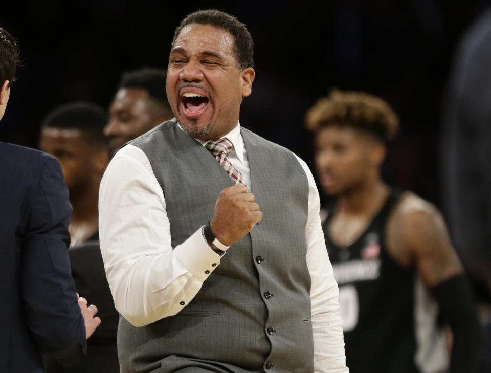 Providence head coach Ed Cooley reacts during the second half of an NCAA college basketball game against Xavier in the Big East men’s tournament semifinals Friday, March 9, 2018, in New York. (AP Photo/Frank Franklin II)