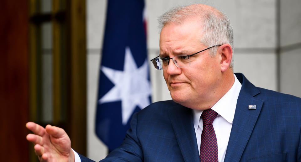 Scott Morrison during the press conference. Source: Getty