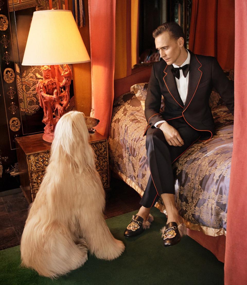 Tom Hiddleston does tradition with a twist in Gucci’s tailoring campaign.