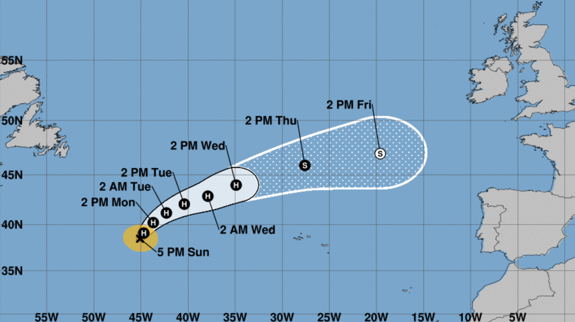 The projected path for Hurricane Danielle as of 5 p.m. Sunday, Sept. 4.