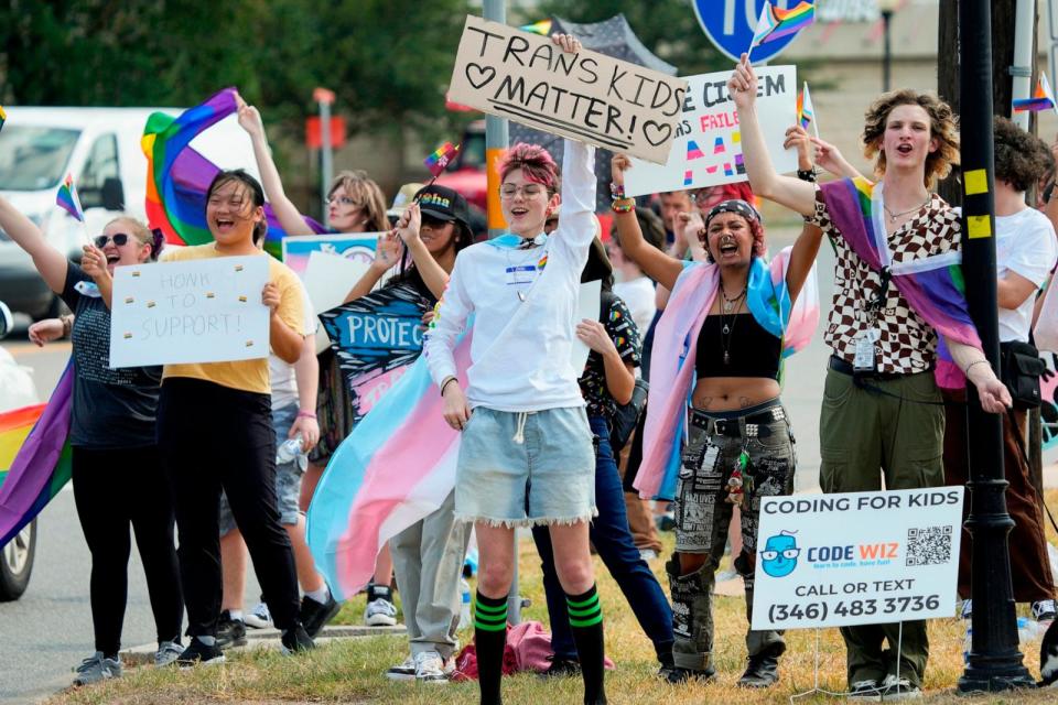 PHOTO: In this Aug. 30, 2023, file photo, students protest against Katy ISD's new transgender policy outside the school district's educational support complex, in Katy, Texas. (Houston Chronicle via Getty Images, FILE)