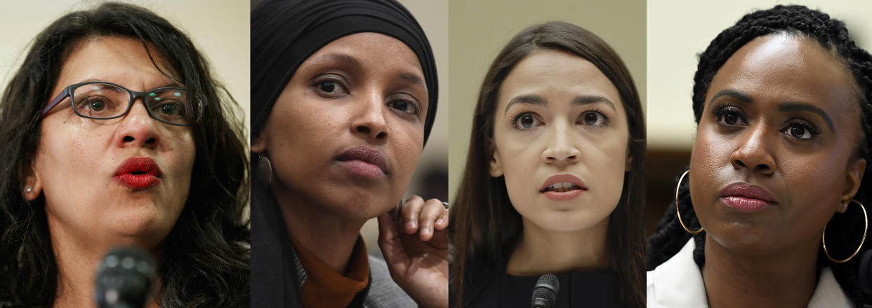 In this combination image from left; Rep. Rashida Tlaib, D-Mich., July 10, 2019, Washington, Rep. Ilhan Omar, D-Minn., March 12, 2019, in Washington, Rep. Alexandria Ocasio-Cortez, D-NY., July 12, 2019, in Washington, and Rep. Ayanna Pressley, D-Mass., July 10, 2019, in Washington. In tweets Sunday, President Donald Trump portrays the lawmakers as foreign-born troublemakers who should go back to their home countries. In fact, the lawmakers, except one, were born in the U.S. (AP Photo)