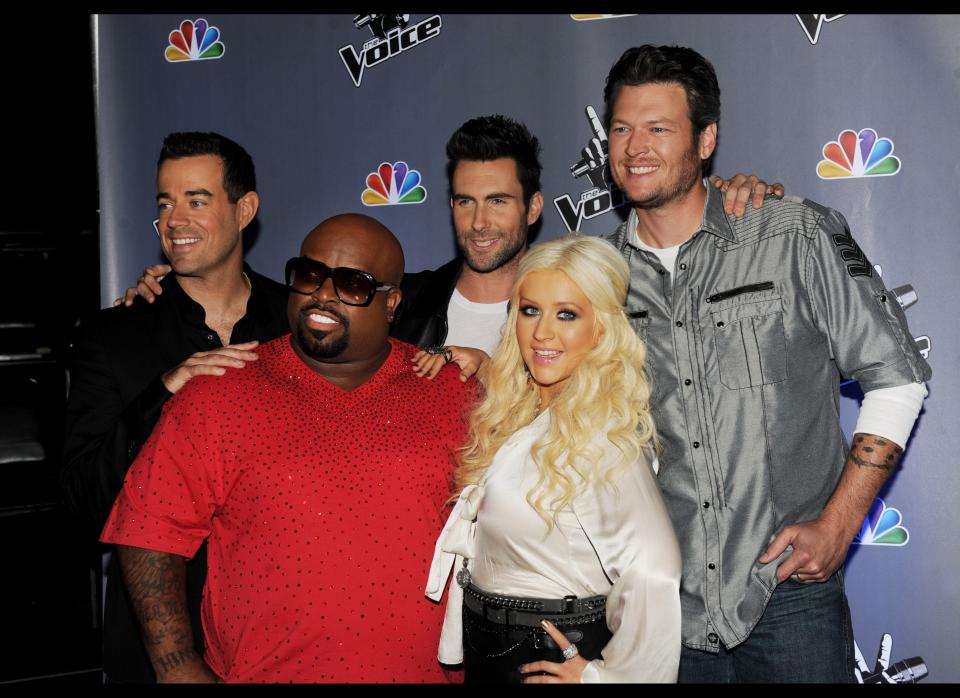 Host Carson Daly, singers Cee Lo Green, Adam Levine, Christina Aguilera and Blake Shelton arrive at a press junket for NBC's 'The Voice' at Sony Studios on October 28, 2011 in Culver City, California. (Getty)