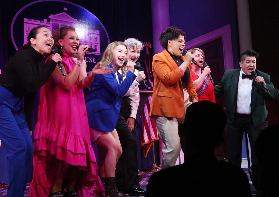 Suzy Nakamura, Julianne Hough, Julie White, Rachel Dratch, Lilli Cooper, Vanessa Williams, Lea DeLaria during the opening night curtain call for the new play "POTUS" on Broadway at The Shubert Theater on May 1, 2022