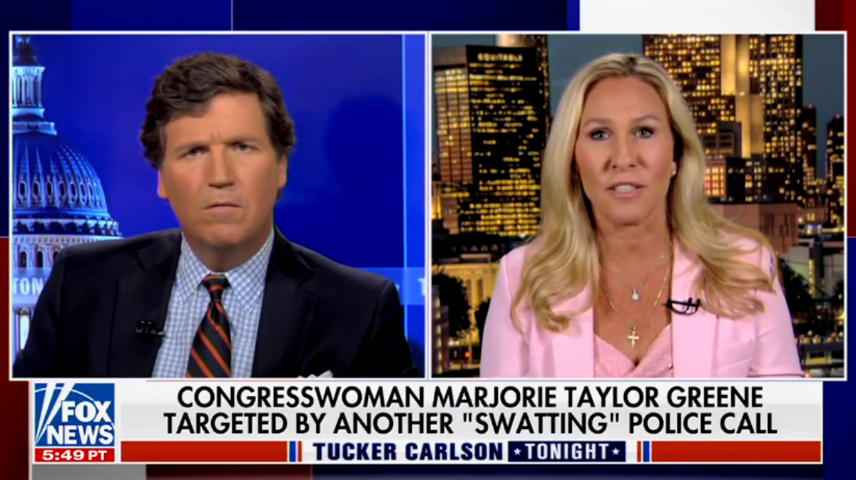 Rep Marjorie Taylor Greene accused the left of staging attacks against her while appearing on Tucker Carlson’s show on Tuesday night (Fox News/Twitter)