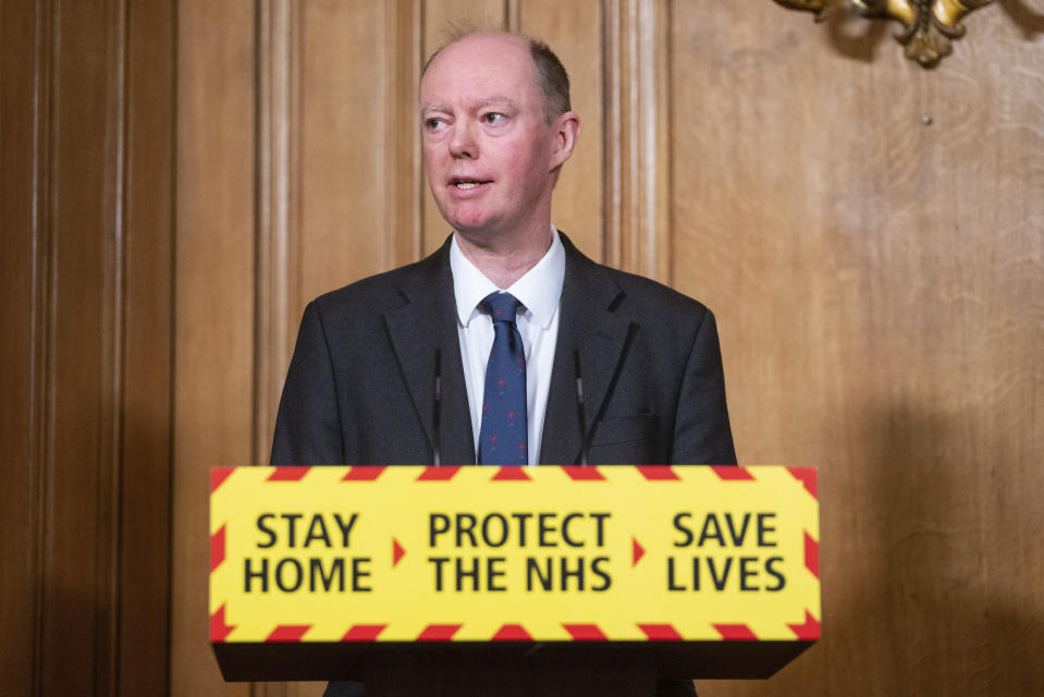 Chief Medical Officer Chris Whitty speaks during a media briefing on COVID-19, in Downing Street, London, Friday Jan. 15, 2021. (Dominic Lipinski/Pool via AP)