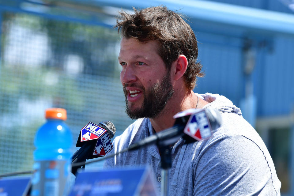 Clayton Kershaw speaks to the media at Dodger Stadium on Monday ahead of the All-Star Game.