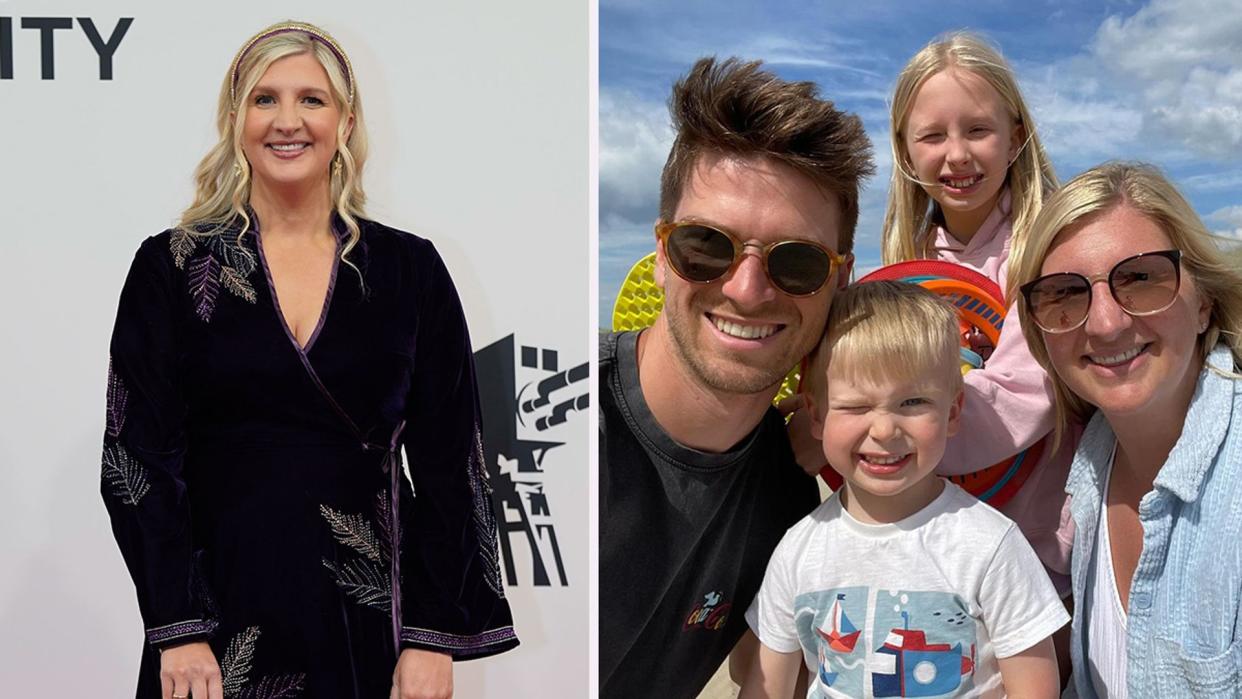 Rebecca Adlington, Rebecca with her husband Andy and children Summer, Albie split image