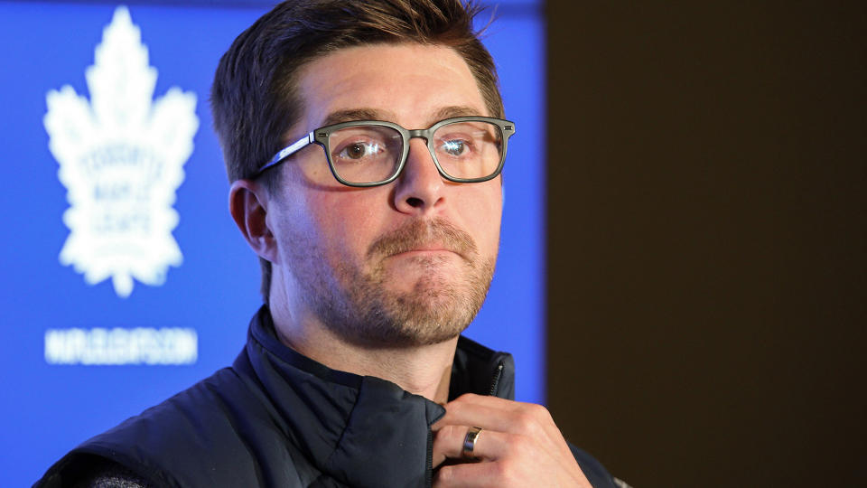 Toronto Maple Leafs GM Kyle Dubas met with reporters on Thursday to discuss the NHL trade deadline and more. (Andrew Francis Wallace/Toronto Star via Getty Images)