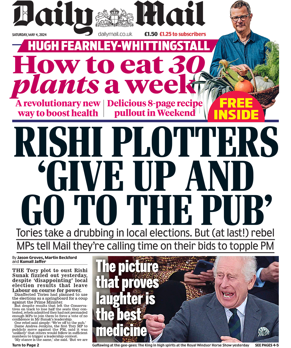 The headline on the front page of the Daily Mail reads: "Rishi plotters 'give up and go to the pub'"