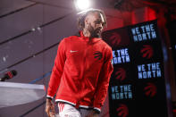 Toronto Raptors' Gary Trent Jr. leaves a press conference at Scotiabank Arena during the NBA basketball team's Media Day in Toronto, Monday, Sept. 27, 2021. (Cole Burston/The Canadian Press via AP)