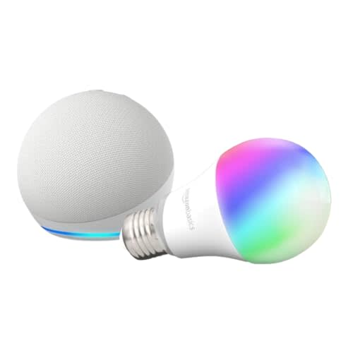 Echo Dot (5th Gen) | Glacier White with Amazon Basics Smart Color Bulb