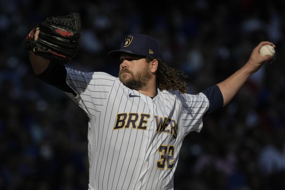 Milwaukee Brewers relief pitcher Andrew Chafin throws during the sixth inning of a baseball game against the Chicago Cubs Sunday, Oct. 1, 2023, in Milwaukee. (AP Photo/Morry Gash)