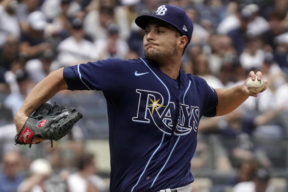 Tampa Bay Rays Shane McClanahan pitches during first inning of a baseball game against New York Yankees, Saturday, May 13, 2023, in New York. (AP Photo/Bebeto Matthews)