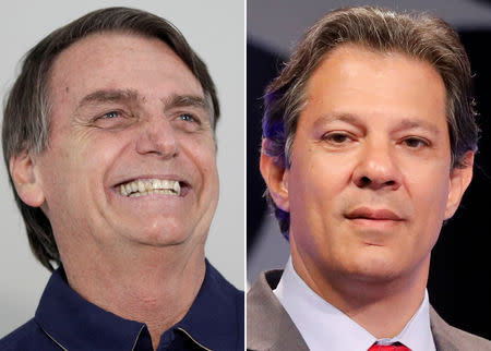 A combination of file photos shows Presidential candidates Jair Bolsonaro during a news conference at a campaign office in Rio de Janeiro, Brazil October 25, 2018 and Fernando Haddad during a televised debate in Sao Paulo, Brazil September 26, 2018. REUTERS/Ricardo Moraes/Nacho Doce/File Photos