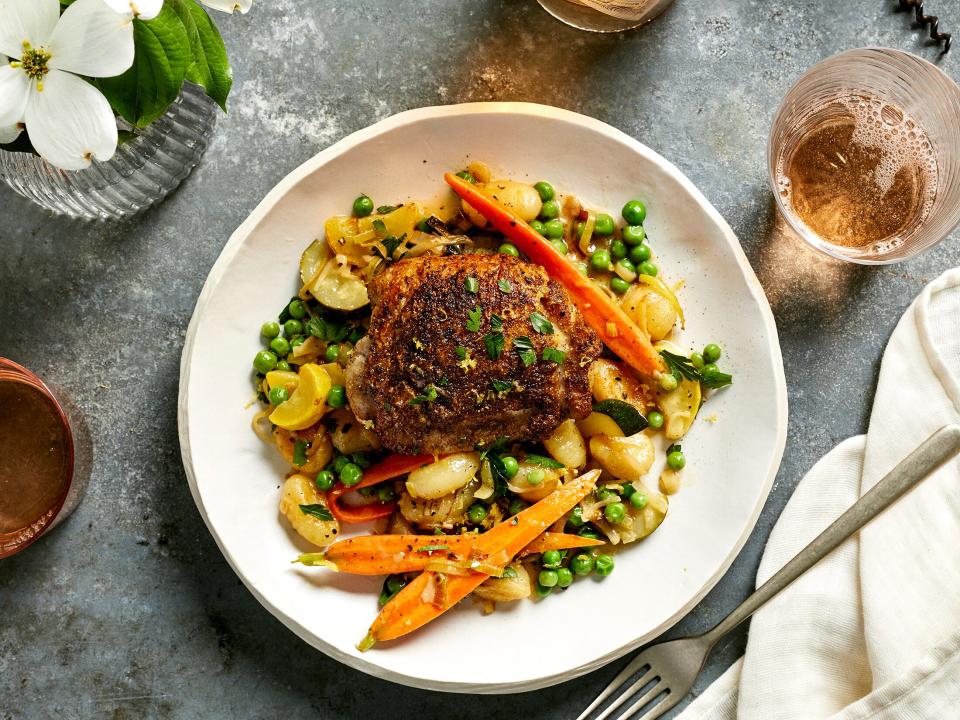 Coriander Chicken Thighs with Spring Vegetables, Gnocchi, and Lemon-Butter Sauce