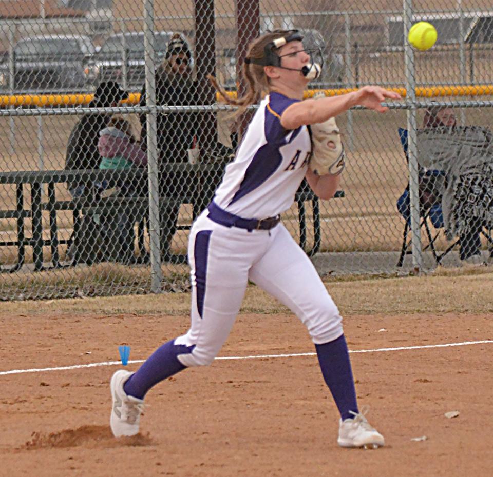 Watertown third baseman Sarita Stevenson throws to second during a high school softball game against Brookings on Tuesday, April 9, 2024 at the Premier Softball Complex. Brookings won 11-7.