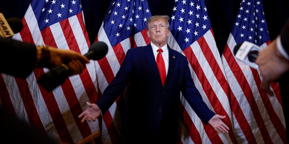 Former U.S. President Donald Trump speaks to reporters before his speech at the annual Conservative Political Action Conference (CPAC) at Gaylord National Resort & Convention Center on March 4, 2023 in National Harbor, Maryland.