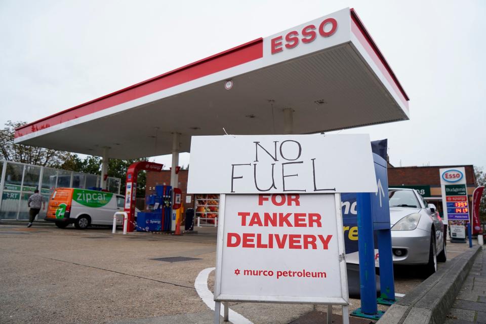 'No Fuel' signage is displayed at a closed filling station in Streatham Hill, south London, on October 2, 2021. - The British army will begin delivering petrol to fuel stations on Monday after fears over tanker driver shortages led to panic buying and forced the government to offer visa waivers to foreign truckers to plug the shortfall. (Photo by Niklas HALLE'N / AFP) (Photo by NIKLAS HALLE'N/AFP via Getty Images)