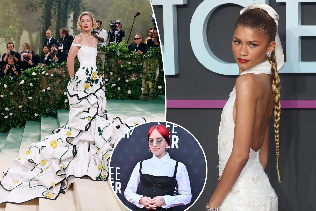 Collage of celebrities Zendaya, Billie Eilish, and Gigi Hadid endorsing Thom Browne's designs