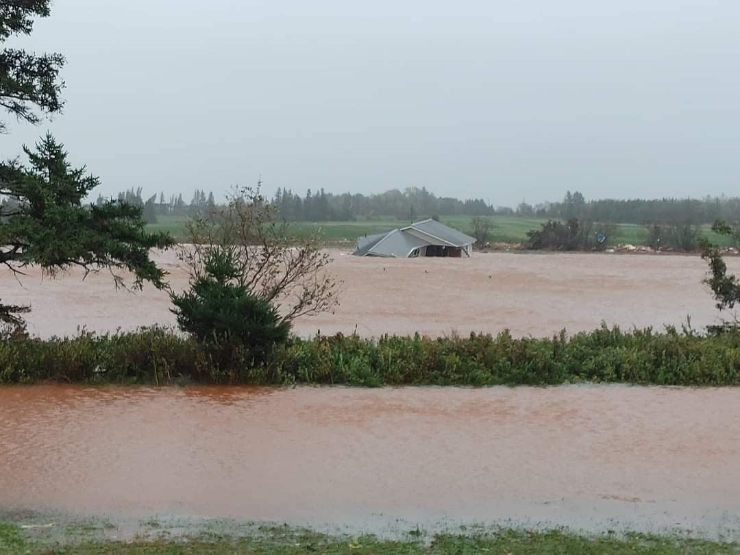 This was one of the first photos from the Hebrides that Stephanie Bonnell saw after the storm. She recognized one of the buildings floating in the water of New London Bay as her home.  (Submitted by Stephanie Bonnell - image credit)