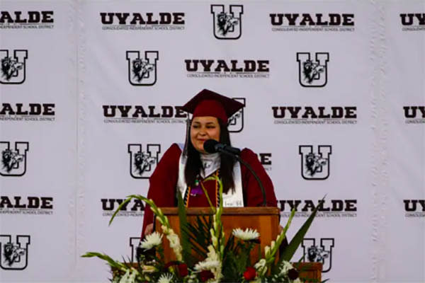 Ariana Diaz, vice president of the graduating class, delivers a speech at the Uvalde High School graduation ceremony on Friday. (Kylie Cooper/The Texas Tribune)