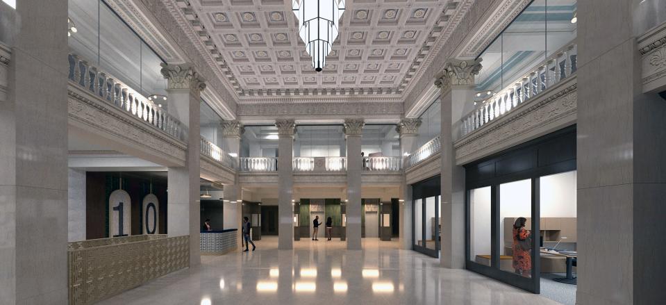The former BancFirst lobby will be converted into a residents' amenities center that will include shared work spaces and a free coffee bar. The leasing office counter will be built with safety deposit boxes left behind when BancFirst moved across the street.
