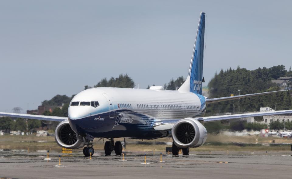 After landing, the final version of the 737 MAX, the MAX 10, taxis towards the Seattle Delivery Center at Boeing Field after a trip to Eastern Washington Friday June 18, 2021. The plane took off earlier Friday morning from Renton Airport on its first flight. (Ellen M. Banner/The Seattle Times via AP, Pool)