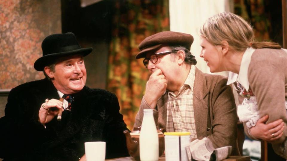 Actress Patricia Brake with Ernie Wise and Eric Morecambe during a sketch on The Morecambe &amp; Wise Show, circa 1983.